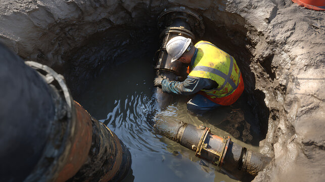 Industrial worker in protective gear repairs a leaking underground pipe in a muddy trench, ensuring essential infrastructure maintenance and safety