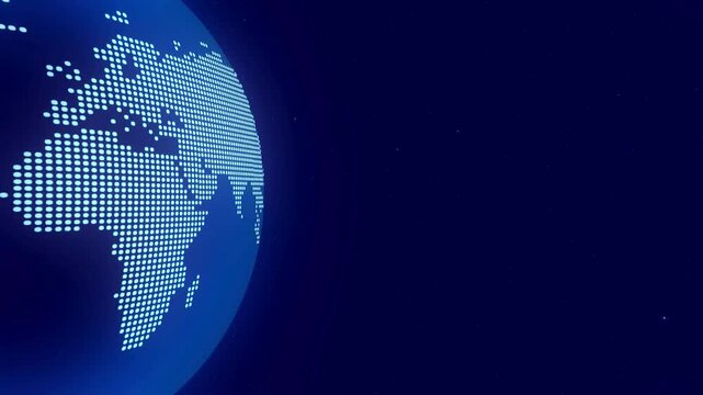 Blue dotted rotating globe. Global technology and news background, global earth rotating digital world news studio, connected dots for global data, led fiber rays, tech background.