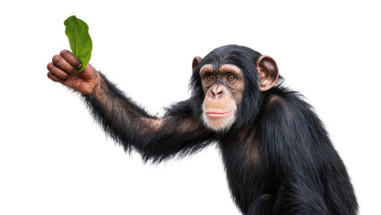 Naklejka premium Adorable chimpanzee portrait holding a fresh green leaf, looking directly at the camera