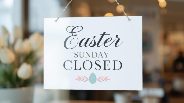 A sign hanging indoors that reads "Easter Sunday Closed" with a decorative Easter egg and floral design.