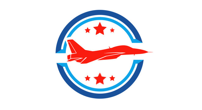 Red airplane logo with blue circle.