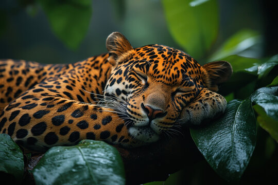 Jaguar sleeping on tree branch.