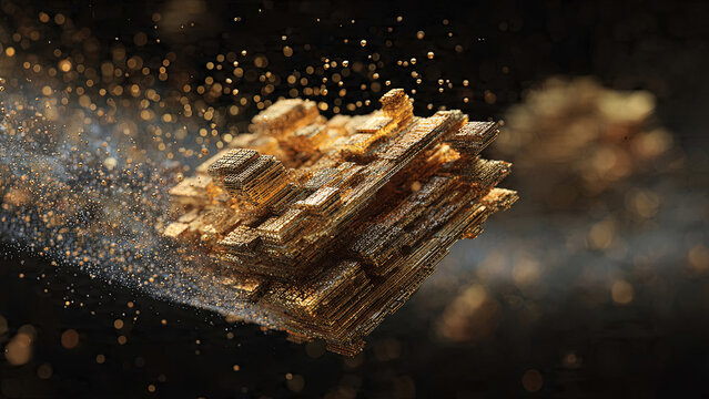 Golden microchip exploding with particles and dust on a dark background