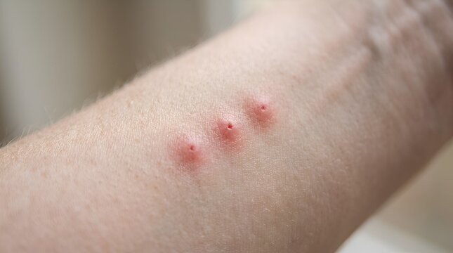 Macro View of Three Insect Bites in a Row on Human Arm