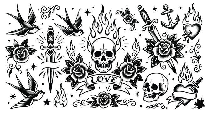 Vintage vector illustration of a seamless pattern with black and white flowers and skulls in a tribal tattoo style featuring decorative heraldry ornaments and floral design elements