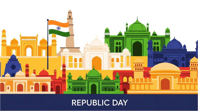 Celebrating Republic Day with colorful Indian buildings and flag waving