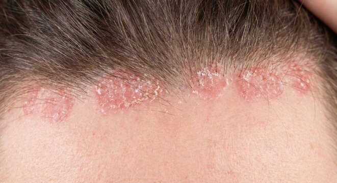 Psoriasis or seborrheic dermatitis on hairline and forehead