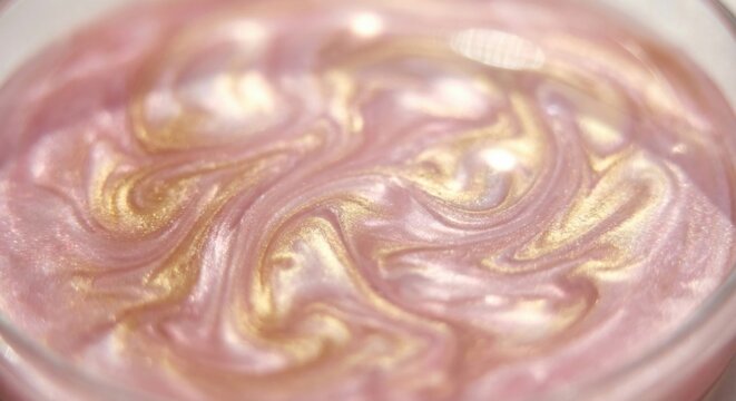 Swirling pink and gold pearlescent liquid marble texture