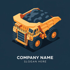 Isometric illustration of a large yellow mining dump truck loaded with coal, against a dark blue background. © Rega