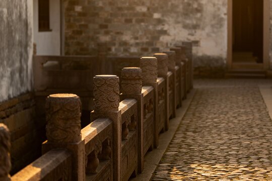 Traditional Chinese Garden Stone Railing and Cobblestone Path