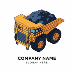 Isometric illustration of a large yellow mining dump truck filled with coal, suitable for industry or transport themes. © Rega