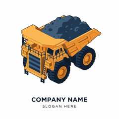 Isometric illustration of a large yellow mining dump truck carrying a load of coal. © Rega