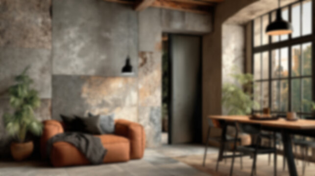 Intentionally defocused blurred background of modern dark loft interior. empty room space with armchair and table for mobile UI mockup, story design and blank copy space