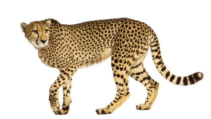 Fototapeta premium Beautiful spotted cheetah walking with elegant grace, full body wild feline predator