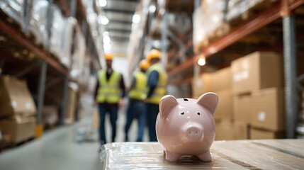 Obraz premium Piggy Bank on Pallet in Busy Warehouse with Workers in Background, Symbolizing Savings, Investment, and Financial Security in Logistics