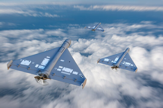 Military aviation, combat drones fly above clouds during reconnaissance mission. Unmanned aerial vehicles formation demonstrates surveillance capability and defense technology.