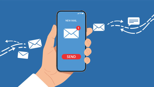 Hand holding a modern smartphone with multiple email icons flying around symbolizing mobile communication and digital messaging.
