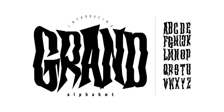 Grand: A sharp spiky metal font. Aggressive distorted shapes perfect for edgy streetwear, metal bands, and rebel branding.