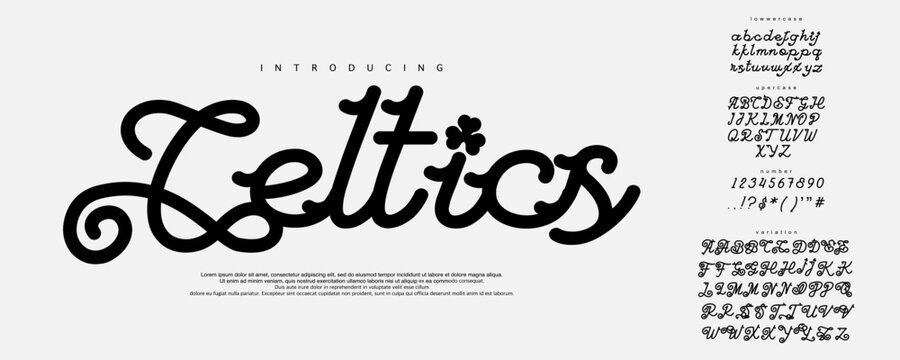 Celtics Font A playful monoline script font. Cute, hand-drawn cursive for organic branding and lucky themed creative designs with irish clover style.