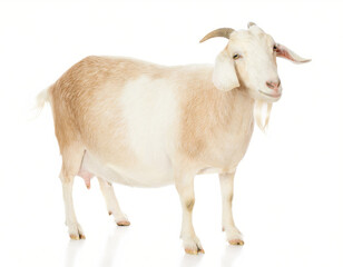 Fototapeta premium A white and tan goat stands facing forward against a pure white background