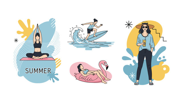 Diverse collection of summer lifestyle illustrations featuring yoga, surfing on waves, floating on a flamingo, and beach fashion.