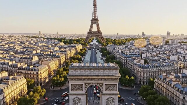 Panoramic Aerial View of Paris Arc de Triomphe and Eiffel Tower at Sunset.