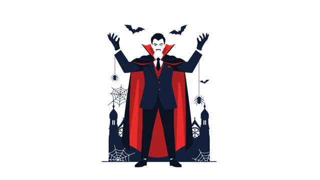 Classic vampire character in a formal suit and red cape standing with arms raised before a gothic castle with bats and spiders.