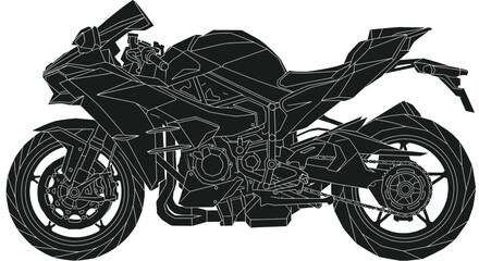 A sleek sport motorbike with a powerful engine and black wheels stands as a silhouette against a dark background, representing speed and vintage transport in this vector illustration © Mohidul