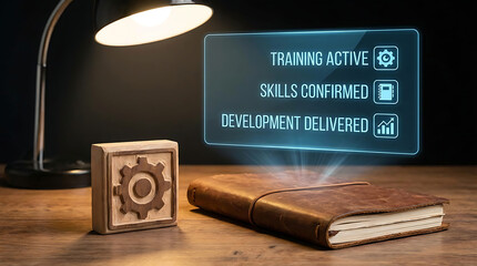 Naklejka premium Wooden gear block on desk with leather bound book and glowing digital skill development notification