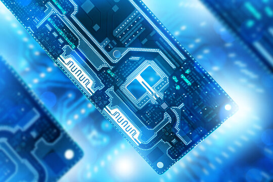 Semiconductor manufacturing, microelectronics. Close-up of RAM memory module with integrated circuits and data traces, representing computer hardware production, computing performance, 