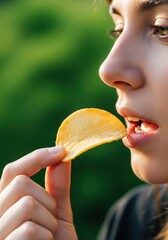 Naklejka premium Close Up Of Young Woman Eating Ruffled Potato Chip In Park During Sunny Summer Day