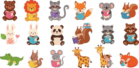 Adorable Vector Sticker Set Featuring Cute Animals Like Panda Koala Lion And Bear Reading Books For Kids Education Literacy And Nursery Classroom Graphic Design © Halima