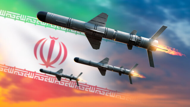 Missile program, geopolitical tension. Guided missiles fly against Iran flag backdrop, symbolizing military capability, regional security concerns, strategic deterrence, or defense development.
