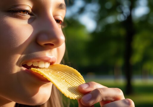 Close Up Of Young Woman Eating Ruffled Potato Chip In Park During Sunny Summer Day