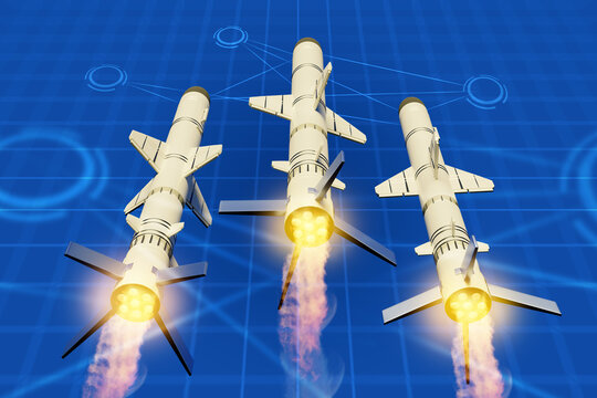 Guided missile formation concept. Three rockets launch in coordinated flight with digital network overlay, representing modern warfare, precision strike capability, and synchronized defense systems.