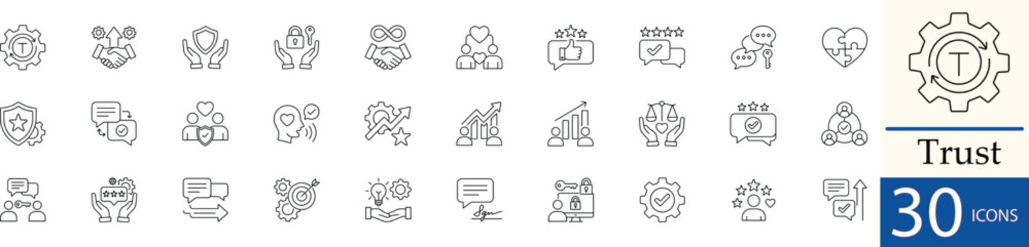 Flat line vector trust icon set showing reliability, security, and partnership concepts in clean minimal style. Perfect for business, relationship, and security design use.