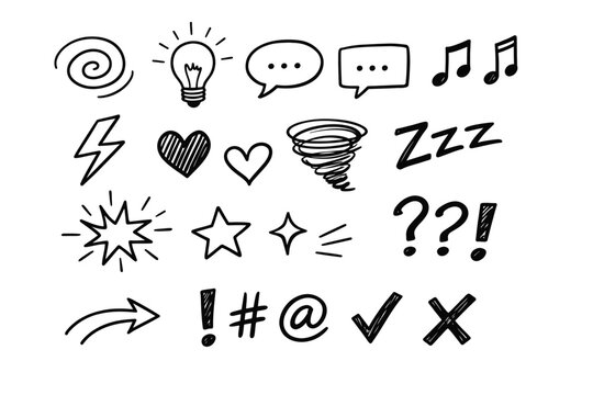 A comprehensive set of hand drawn black icons and vector symbols for business, medical, and media web design featuring music and heart signs for internet button illustrations
