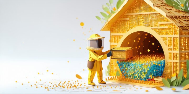Honeycomb structure, bee figure carrying box. Golden hues dominate scene, suggesting sweetness, industry. Minimalist design, bright colors.