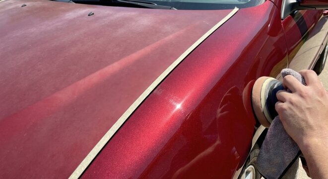 Polishing oxidized red metallic car paint with 50/50 comparison