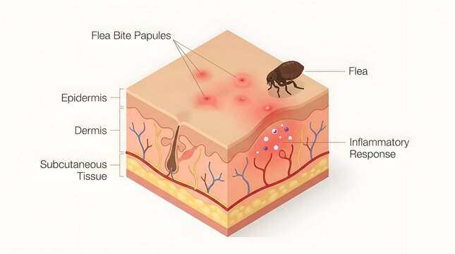 Human Skin Anatomy Diagram Showing Flea Bite and Inflammation