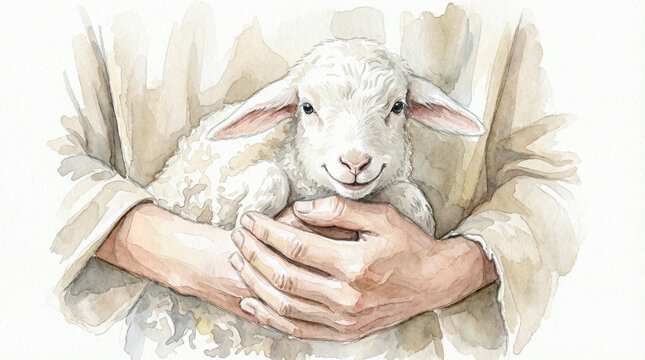 A watercolor illustration of a white lamb in the caring hands of a shepherd, symbolizing protection, tenderness, faith, spirituality, and the Christian image of the good shepherd.