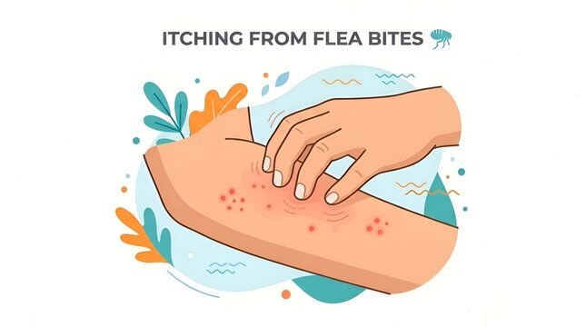 Illustration of hand scratching arm with itchy red flea bites
