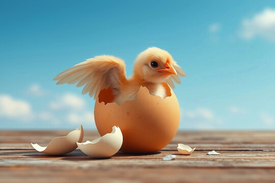 Chick sits on a broken egg