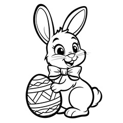 Fototapeta premium Cute smiling Easter bunny character in a bow tie embracing a beautifully decorated geometric patterned egg.