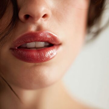 Sensual Lips: A close-up shot of woman's full, sensuous lips, artfully painted with a rich lipstick. showcasing the textures and contours of beauty.
