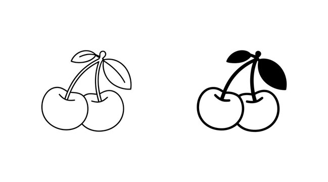 A black and white line drawing of two clusters of cherries with leaves
