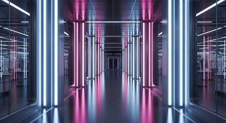 Fototapeta premium Futuristic Neon Lit Corridor with Reflective Surfaces and Vibrant Blue and Pink Lights.