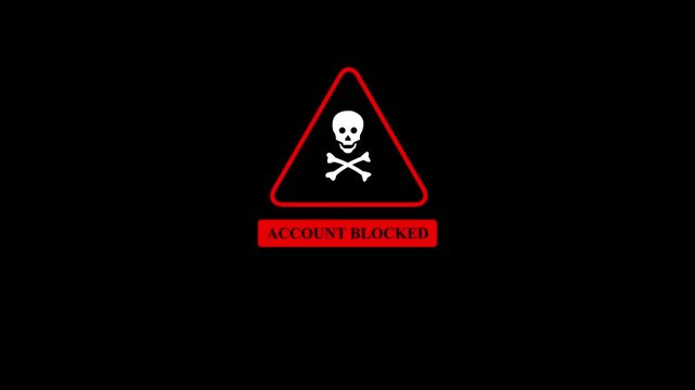 Account Blocked Warning Icon with Skull and Crossbones Red Triangle Danger Symbol Security Restriction Alert Notification UI Design Isolated on Black Background with 4k video animation.