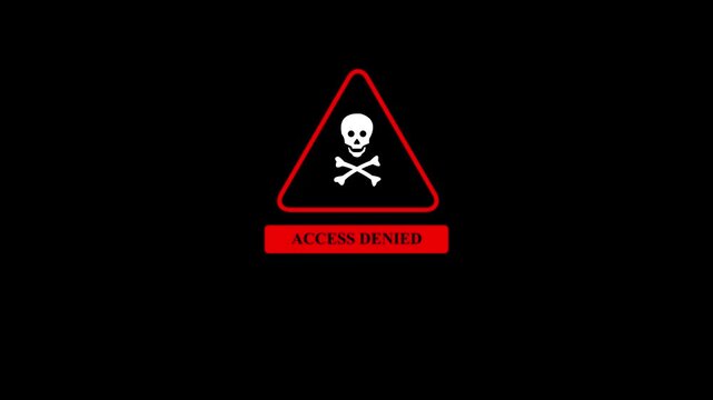 Account Denied Warning Icon with Skull and Crossbones Red Triangle Danger Symbol Security Restriction Alert Notification UI Design Isolated on Black Background with 4k video animation.