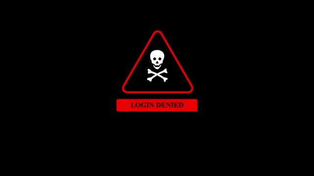 Login Denied Warning Icon with Skull and Crossbones Red Triangle Danger Symbol Security Restriction Alert Notification UI Design Isolated on Black Background with 4k video animation.